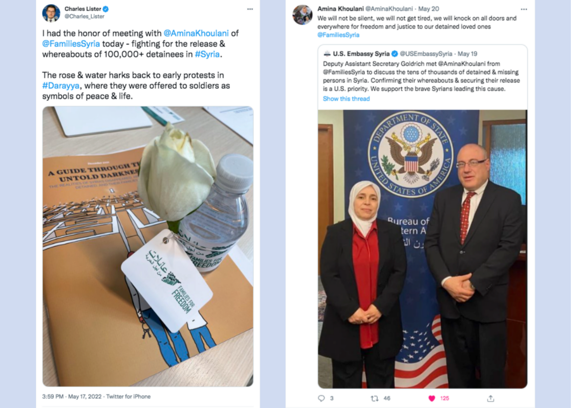 Screenshots of Tweets featuring a guidebook and a woman and man standing in front of the US flag.