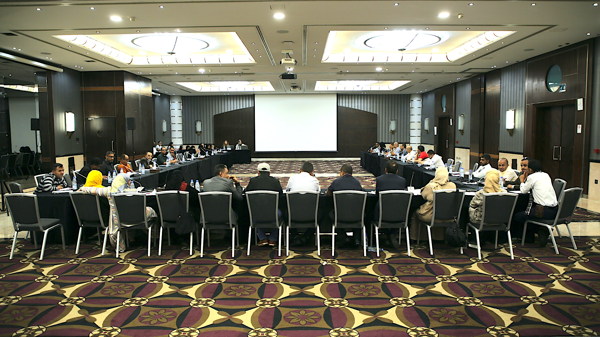 Participants in the workshop sit at a conference table with backs facing camera.