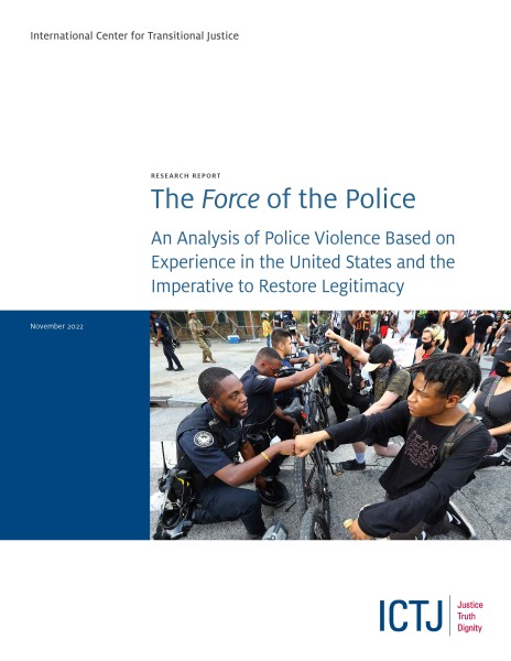 Image of report cover with photo of the three officers kneeling with protesters.