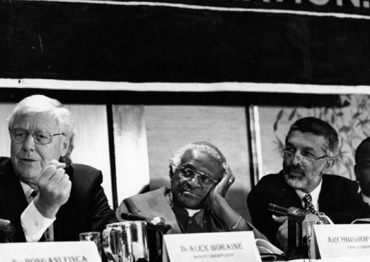 Black and white image of Boraine Tutu commissioner 