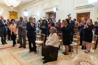 Opal Lee is recognized as President Joe Biden, joined by Vice President Kamala Harris, delivers remarks at the Juneteenth National Independence Day Act Bill Signing on Thursday, June 17, 2021, in the East Room of the White House.